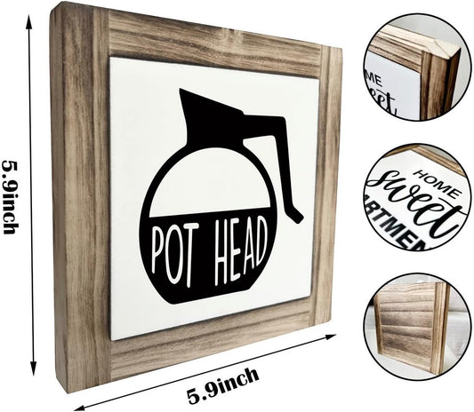 XJCUG Pot Head Wood Plaque Sign, Box Wood Plaques Desk Décor, Rustic Pot Head Coffee Sign, Café Tabletop Décor, Pot Head Kitchen Sign, Wooden Décor for Coffee Bar, Coffee Station Décor 5.9×5.9inch