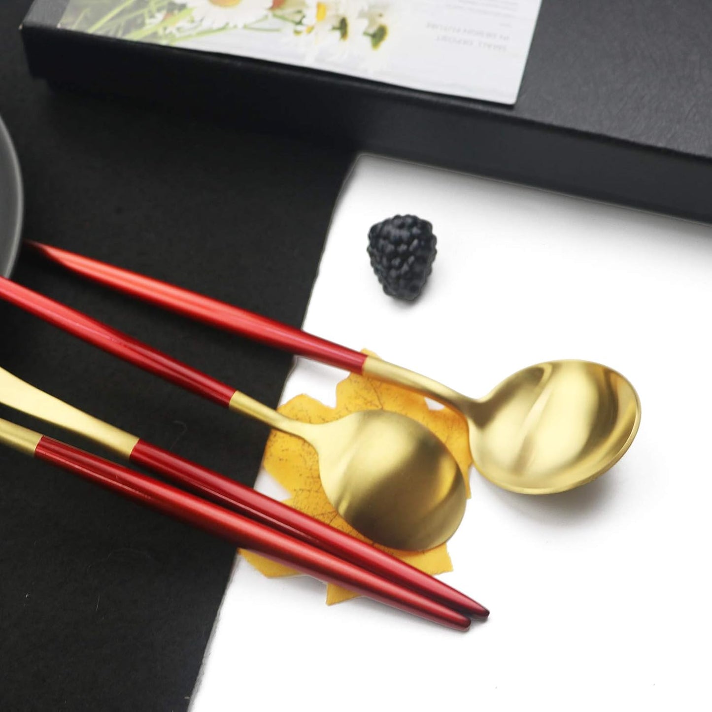 JASHII Luxury 18/10 Red Handle Flatware Gold Silverware Set 304 Stainless Steel Flatware Cutlery Set| 5-Piece Adaline Royal Modern Satin Finish| BEST Birthday Wedding Gift (Red Handle Matte Gold)