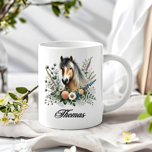Horse Lover’s Custom Ceramic Mug 11oz 15oz - Personalized Name Animal Coffee Cup with Floral Horse Art - Unique Equestrian Coffee and Tea Cup