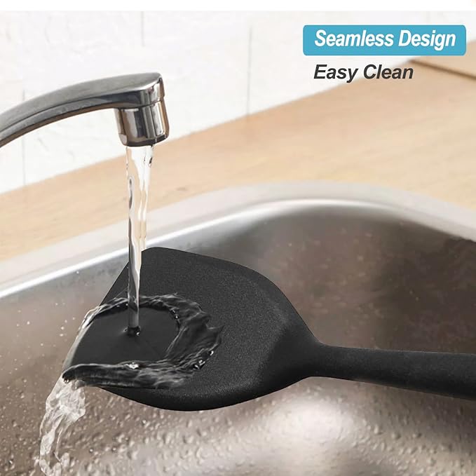 Silicone Spatula Turner Set, High Heat Resistant Spatulas with Seamless One Piece Design, Nonstick Rubber Flippers Utensils for Baking & Cooking,BPA-Free, Black,11 IN