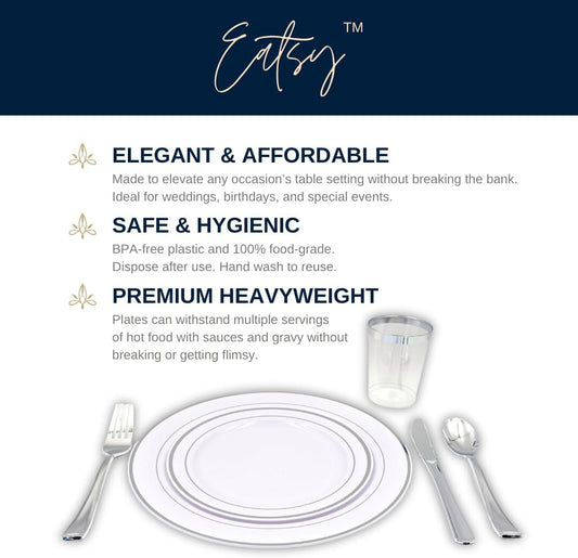 Tableware Dinnerware Set, Premium Heavyweight, Reusable or Disposable Party Plates, Includes Dinner Plate, Dessert Plate, Cutlery, and Cup (Silver, 150-Piece Set, Serves 25 Guests)