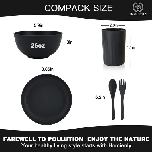 Homienly Wheat Straw Dinnerware Sets, Homienly 20pcs Unbreakable Microwave Dishwasher Safe Tableware Lightweight Bowls, Cups, Plates Set Reusable Dinner Plates Bowls set (Matte Black)