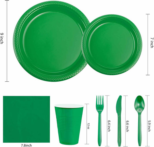MirthMood 350pcs Green Party Supplies, Disposable Plates Set, Including Green Plastic Plates and Napkins, Plastic Cutlery and 12OZ Cups, Serve 50 Guests