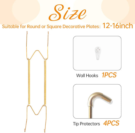 Plate Hangers for The Wall, Suitable for 12-16 inch Decorative Plate, Stainless Steel Wire Plate Holder with Wall Hooks and Rubber tip Protectors, Plate Hangers for Displaying Plates, Platter, Gold