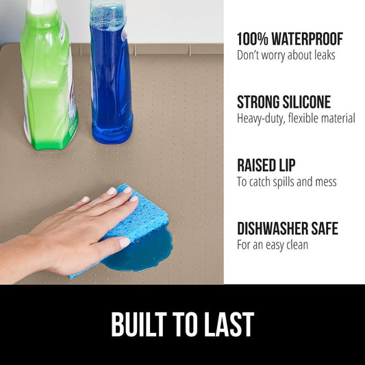 GORILLA GRIP Waterproof Silicone Under Sink Mat with Raised Lip for Kitchen and Bathroom, Cabinet Shelf Liner Stay in Place Mats Dishwasher Safe Drawer Liner, Organizer Tray, 19 x 22 in, Beige