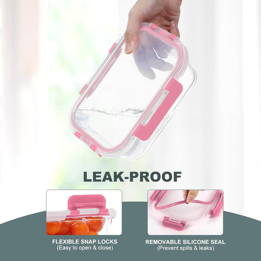 KOMUEE 10 Pack Glass Food Storage Containers, Meal Prep Containers with Lids, Airtight Glass Lunch Boxes, Freezer, Oven, and Microwave Safe, Pink