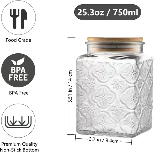 25.3oz Airtight Square Glass Jar, Vintage Decorative Storage Canister with Bamboo Lid, Glass Food Storage Container for Candy Snack Cookies Coffee Tea Nuts, Cute Jar (Square Begonia)