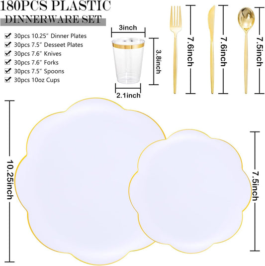EI 180pcs White Plastic Plates with Gold Plastic Silverware,Heavy-Duty Disposable Plates for Party,White Dinnerware Set for 30 Guest Wedding,Birthday
