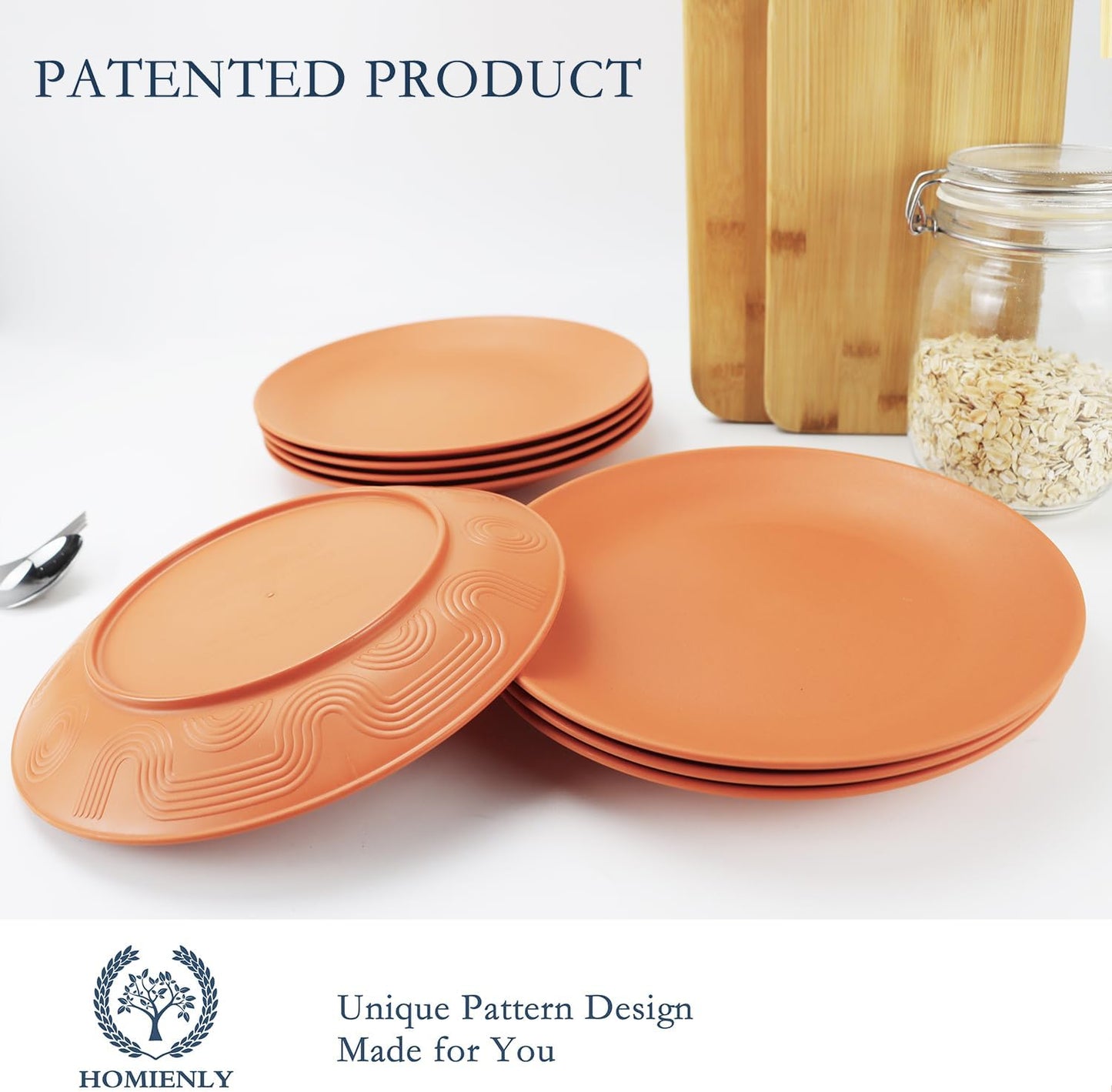 Homienly Flat Dinner Plate Set of 8 - Alternative for Plastic, Microwave and Dishwasher Safe, Wheat Straw Dinnerware for Kitchen, Unbreakable Kids (Orange, 9 Inch), MS 01