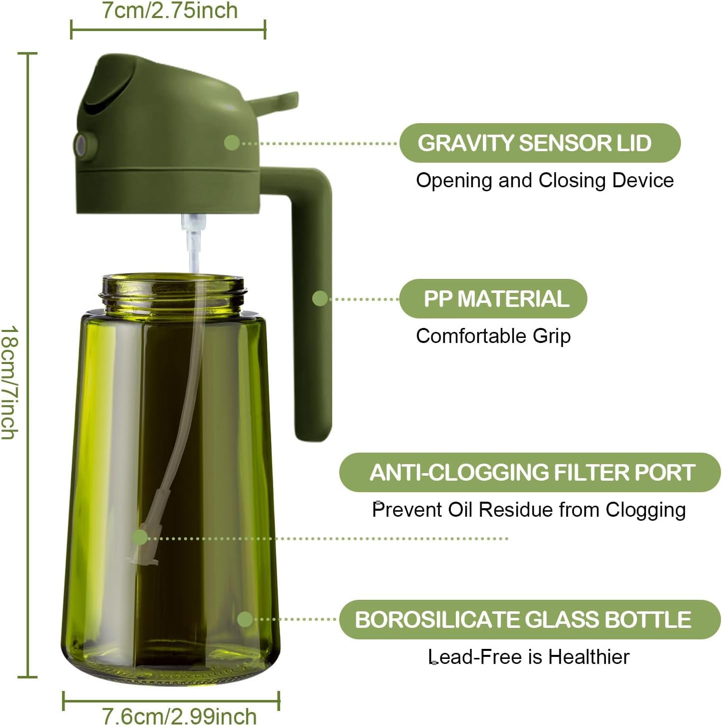 YARRAMATE 16oz/470ml Dark Green Oil Sprayer for Cooking with Stickers, Food-grade Premium 2 in 1 Olive Oil Dispenser Bottle for Kitchen Gadgets, Air Fryer, Salad, Frying, BBQ (OliveGreen)