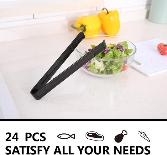 24 Pieces Plastic Salad Tongs, Black Kitchen Serving Tongs, 9 Inch Disposable Utensils Set, Perfect for Buffets and BBQ, Food Safe Material (24, Black)