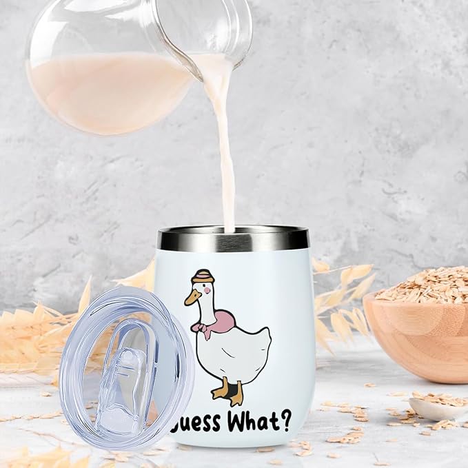 VICBOU Cute Funny 12 oz Tumbler, Wine Tumbler Insulated Wine Glass with Lid, Duck Gifts for Girls Boys Women Men Mom Animal Lovers Duck Supplies Accessories Friendship Appreciation Christmas Birthday