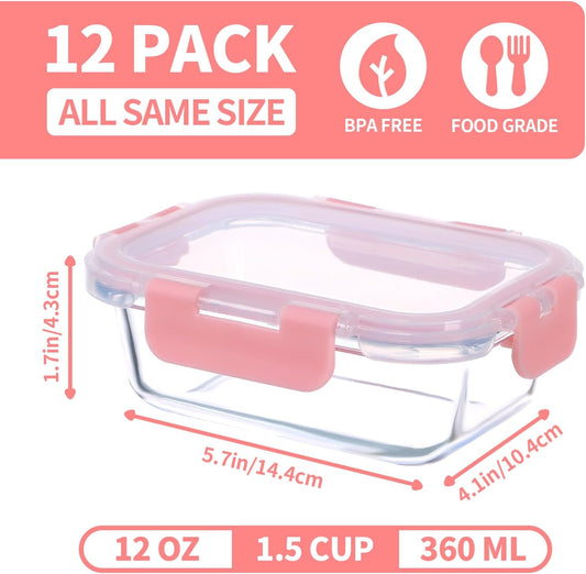 Small Glass Food Storage Containers 12 Pack-12oz Glass Containers with Lids for Meal Prep, Food Storage, Freezer to Microwave Safe, Air-Tight, Leak-Proof, Pink Set