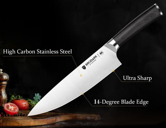 BRODARK Kitchen Knife Set, Ultra Sharp 15 Pcs Knife Set with Block, Full Tang Chef Knives, High Carbon Stainless Steel Knife Block Set with Sharpener, Wooden Handle