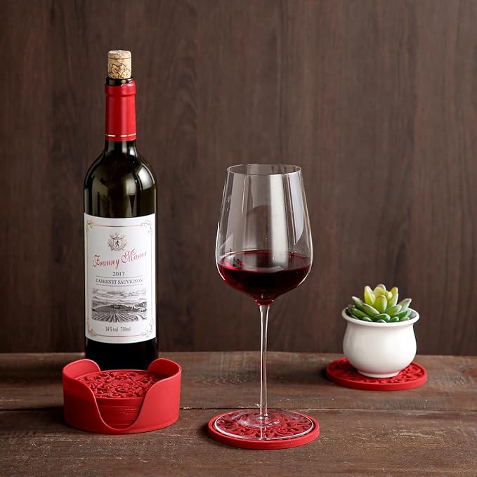 Colinda Silicone Coasters - Set of 6 with Holder, Non-Slip Cup Mats for Hot and Cold Drinks, Decorative Designs, Gift Ready Packaging,Malachite Green