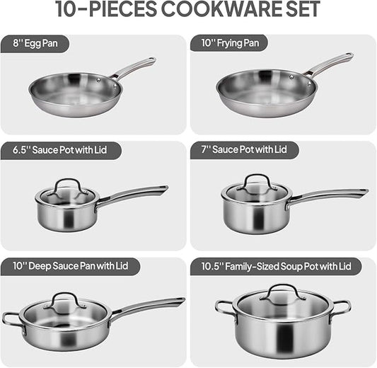 Bonnlo 10 Pieces Cookware Set, 3-Ply Stainless Steel Pots and Pans Set with Lids, Non-Toxic Kitchen Set, Oven & Dishwasher Safe, Induction Cooking Set, PFOA & PTFE Free, Compatible for All Cooktops