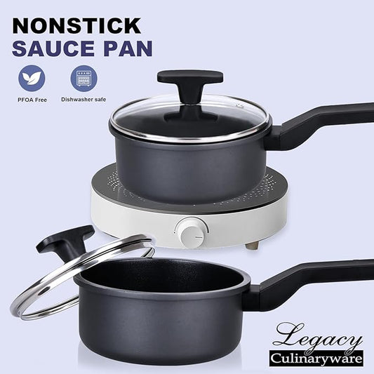Nonstick Sauce Pan with Lid,1.5Qt & 2Qt Set, PFOA Free,Kitchen Pots Induction Pot,Black