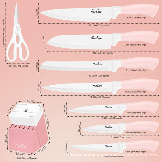 14 Pieces Knife Set with Block, Ceramic White Coating, High Carbon Stainless Steel Sharp Blade Block Knife Set, Dishwasher Safe Cutlery, Colliding Pink