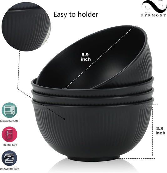 PYRMONT Cereal Bowl Sets of 8 Unbreakable Lightweight 26 OZ Bowls Set Microwave and Dishwasher Safe Wheat Straw Bowls for Soup, Oatmeal, Pasta, and Salad(Black)
