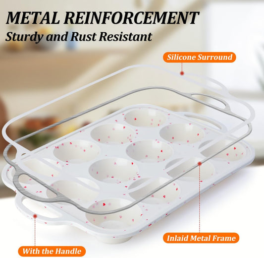 Silicone Muffin Pan, Metal Reinforced Frame Silicone Cupcake Pan Easy to Handle 12 Cups for Valentine's Day Baking Nonstick Regular Size Muffin Tin 1 Pack Love Heart