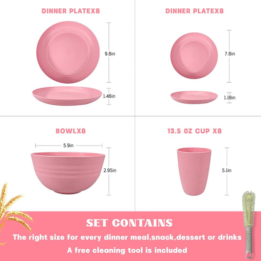 Kitchen Wheat Straw Dinnerware Sets (33pcs) Attached cleaning brush,Service For 8,Plastic Plates and Bowls Sets,Unbreakable Dinnerware,Lightweight Plastic Plate Set (pink)