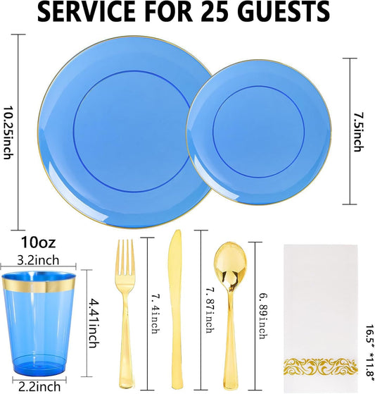 YOUBET 175PCS Clear Blue Plastic Plates - Blue and Gold Disposable Plates Include 50 Plate, 75 Silverware, 25 Cups, 25 Napkins for Wedding & Party