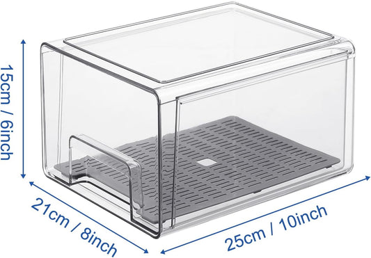 Plastic Clear Fridge Storage Organizer with Drawers & Drainer - Stackable Bins for Kitchen Fruit & Veggie Organization (2PCS, Large)