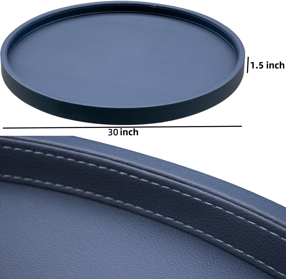 30-inch Round Ottoman Serving Tray - Textured PU Leather Coffee Table Decor, Waterproof Heat-Resistant Large Organizer for Home, Office, Bed & Party Essentials (Navy Blue, 30)