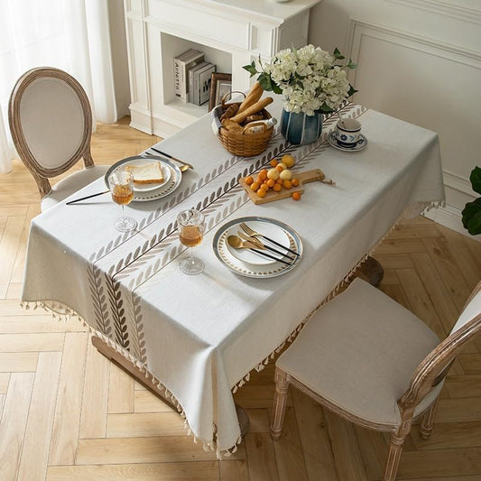 Oubonun Cotton Linen Rectangular Tablecloth - Wrinkle Resistant & Waterproof - Machine Washable Table Cloth with Tassels for Kitchen & Dining, 55''x120'', 10-12 Seats