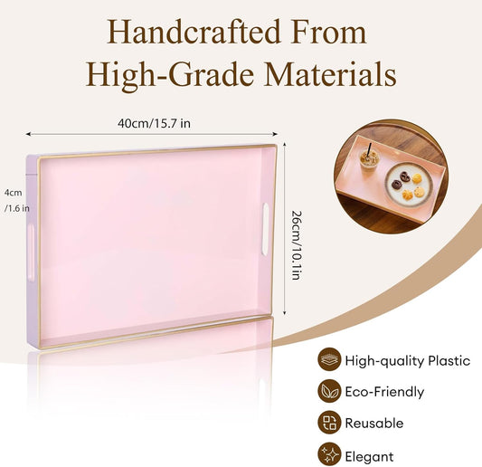 Zosenley Decorative Tray, Rectangular Plastic Tray with Handles, Modern Vanity Tray and Serving Tray for Bathroom, Kitchen, Ottoman and Coffee Table, 15.6” x 10.2” (Pink)