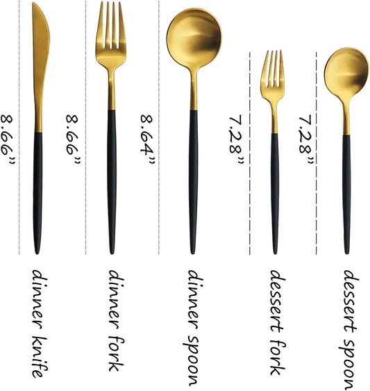 Silverware Set, Hand polished Matte Gold Black Flatware Cutlery Set Service for 2, Satin Finish 10 Pieces 18/10 Stainless Steel Utensils Set for Home and Restaurant, Dishwasher Safe