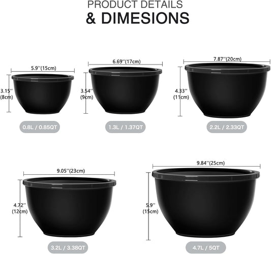 5-Piece Plastic Mixing Bowls with Lids Set for Kitchen, Nesting Bowls for Mixing, Baking, Prepping, Cooking and Serving Food, Black Mixing Bowls Dishwasher, Microwave Safe