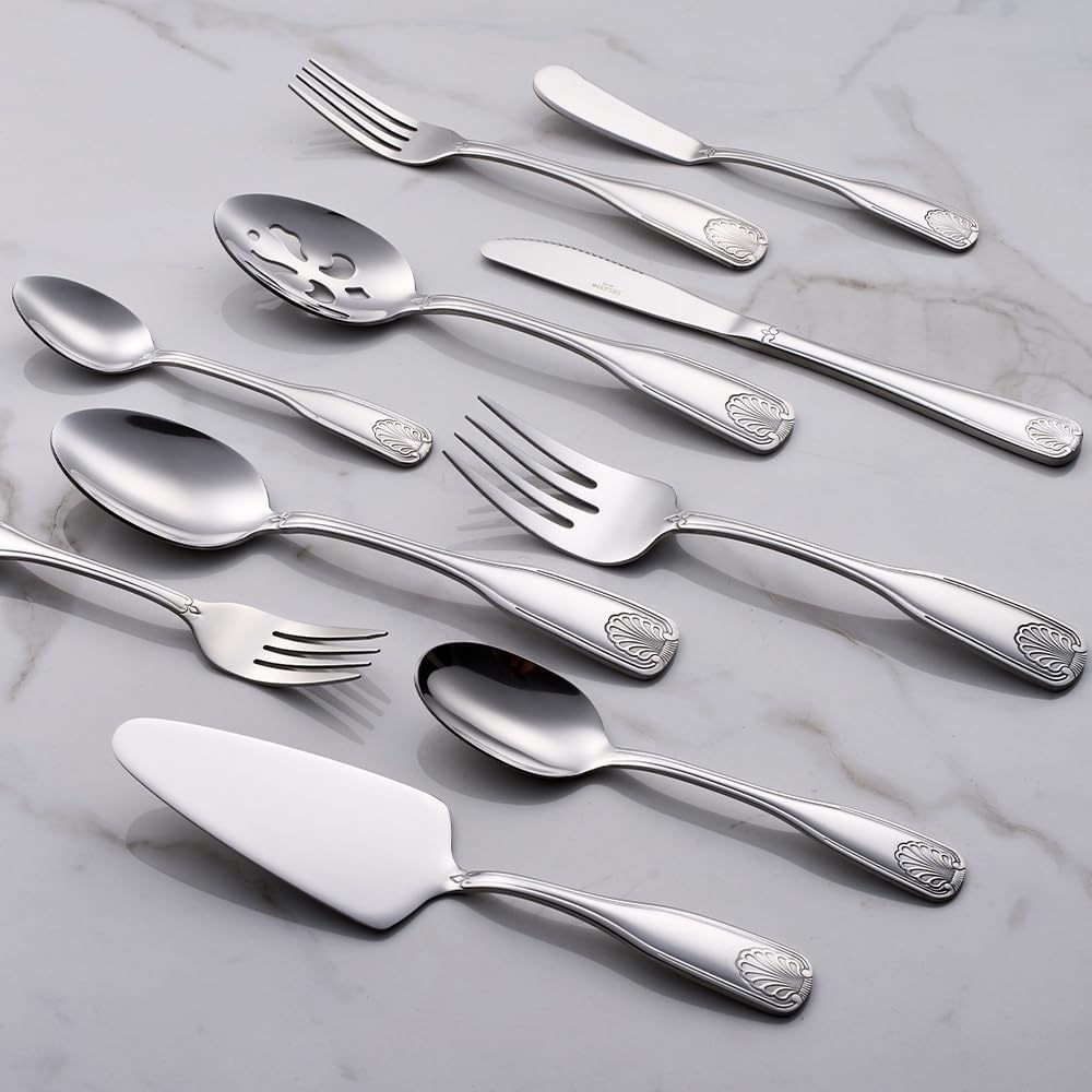 45 Pieces Silverware Set with Serving Utensils, Stainless Steel Flatware Serving Set for 8, Dinnerware Cutlery Set, Shell Pattern & Mirror Polished, Dishwasher Safe