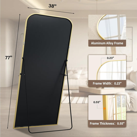 77x38 Inch Floor Length Mirror with Stand, Full Length Standing Mirror for Bedroom, Full Body Tall Mirrors with Modern Aluminum Alloy Frame in Gold, Home Decor