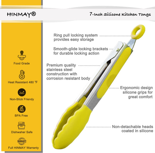 Small Appetizer Tongs 7-Inch Silicone Tipped Kitchen Tongs, Set of 3 (Yellow)
