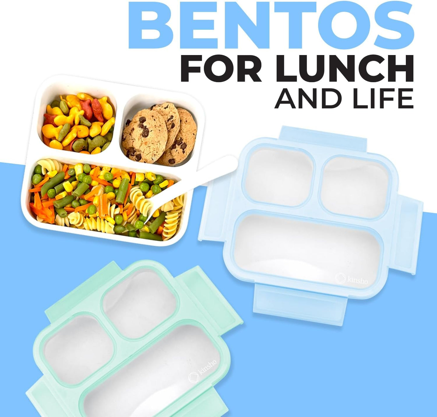Medium Bento Box for Kids, Lunch-Box Snack Container for Boys Girls Toddler Baby Daycare Pre-School, Leakproof 3 Divider Containers for Lunches Snacks (Pastel Blue +Teal 2 pack)