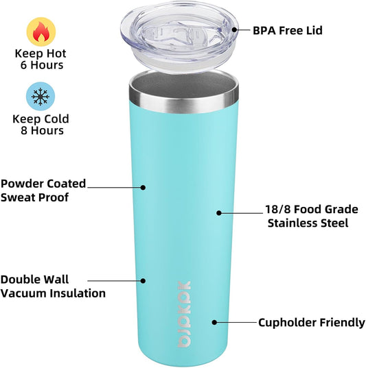 BJPKPK 2 Pack 20oz Skinny Tumblers with Lid Insulated Travel Coffee Cup Stainless Steel Thermal Mug,Turquoise,Turquoise