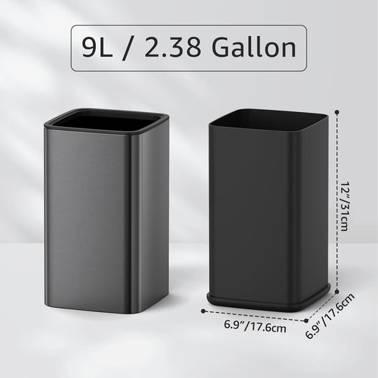 Mbillion 2.4 Gal (9L) Stainless Steel Open - Top Trash Can with Removable Inner Bucket - Sleek Metal Small Waste Basket for Bathroom Office,Brushed Black