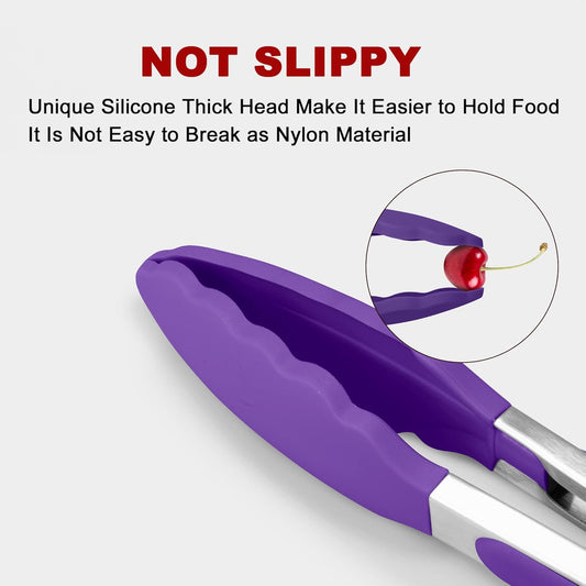 Set of 2 Kitchen Tongs 9-Inch & 12-Inch, Premium Stainless Steel BPA Free Silicone Non-Stick Grilling Barbeque Cooking Locking Food Tongs, Purple