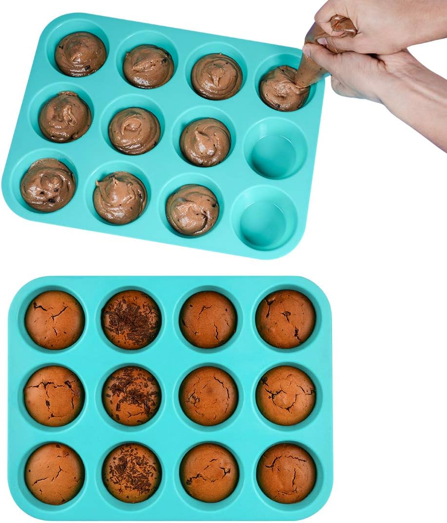 Silicone Muffin Pan Set, Cupcake Pans 12 Cups Silicone Baking Molds, Food Grade, Pinch Test Approved, Pack of 2