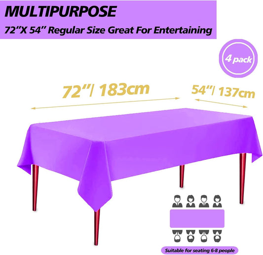 Purple Plastic Table Cloth 4 Pack Disposable Cover for Mermaid Party, Baby Shower, Gender Reveal, Birthday Decorations 54" X 72" (Purple 4 Pack)