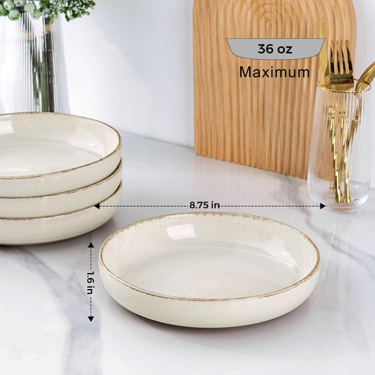 AmorArc 8.75'' Large Ceramic Pasta Bowls, 36oz Handpainted Stoneware Bowls Set of 4, Microwave&Dishwasher Safe Bowls with Wavy Rim&Rustic Terracotta Underside for Pasta Salad, Handbrush Rim