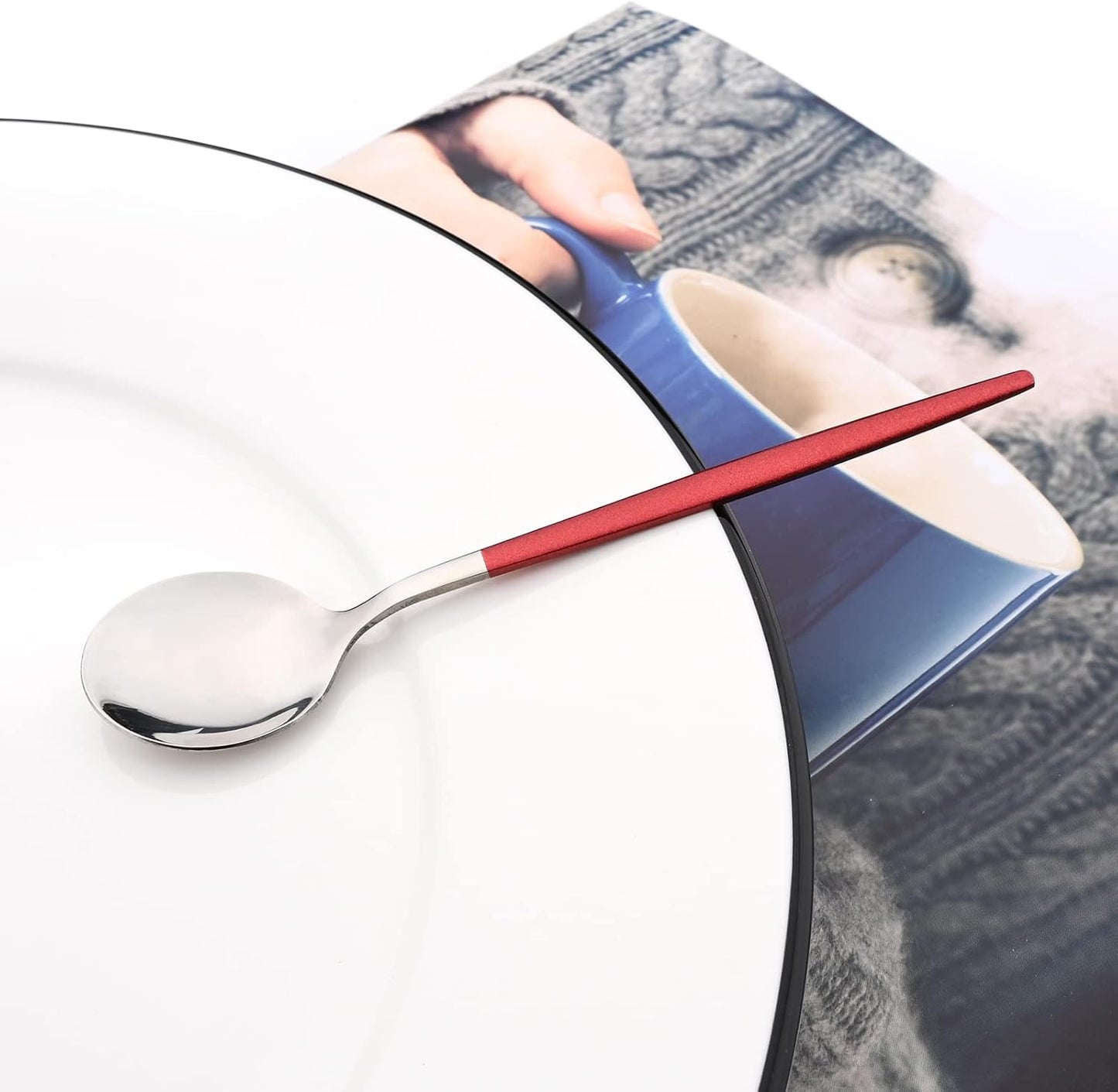 Mirror Cutlery Serving Set, 24-piece 18/0 Stainless Steel Silverware With Red Handle Simple & Modern Tableware For Home Party Restaurant Christmas Dinner, Service For 6 (Red Silver)