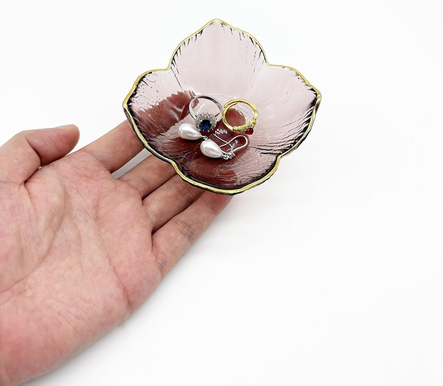 Small Flower Ring Dish Jewelry Tray, Pink Glass Jewelry Dish Tray, Nightstand Decor Jewlery Plate, Gifts for Mom, Crystal Ring Holder for Women, Bathroom Jewelry Bowl Trinket Tray Soap Dish