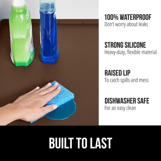 GORILLA GRIP Waterproof Silicone Under Sink Mat with Raised Lip for Kitchen and Bathroom, Cabinet Shelf Liner Stay in Place Mats Dishwasher Safe Drawer Liner, Organizer Tray, 19 x 34 in, Coffee
