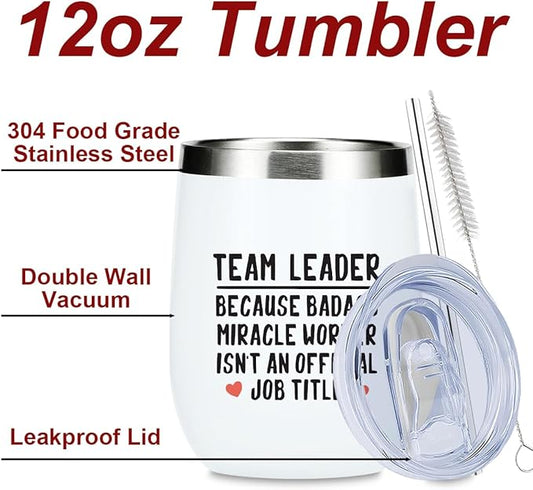 Leader Wine Tumbler, Team Leader Gifts for Women Leadership Entrepreneur Team Leader Coworker Birthday Appreciation Christmas, Coffee Cup Insulated Stainless Steel 12oz Wine Glass with Lid, Straw