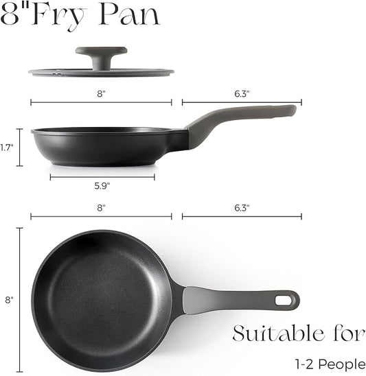 PRICUSIS Nonstick Ceramic Frying Pan with Lid, 8/10 Inch Skillet with Stay Cool Handle, Fully Coated, Induction Compatible & Oven Safe, 100% Dishwasher Safe, PTFE & PFOA Free(8 Inch, Black Sesame)