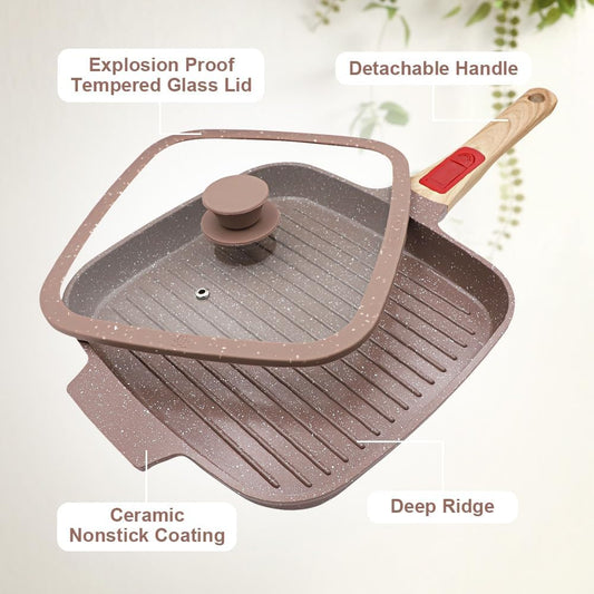 Nonstick Griddle Pan with Lid 10 Inch, Ceramic Coating, Detachable Handle, PFOA Free, Brown