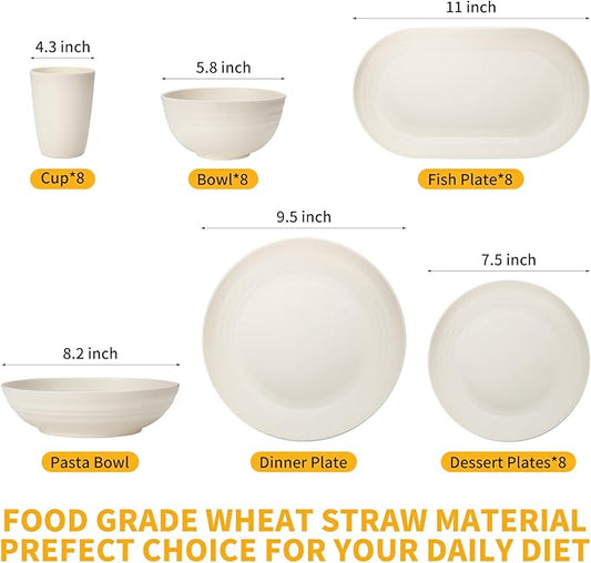 Lazycorner 48-Piece Wheat Straw Dinnerware Sets for 8, Unbreakable Reuasble Dinner Dishes Serving Plate Set for Kitchen, Including Plastic Dinner Plate, Dessert Plate, Bowl, Cup(Beige)