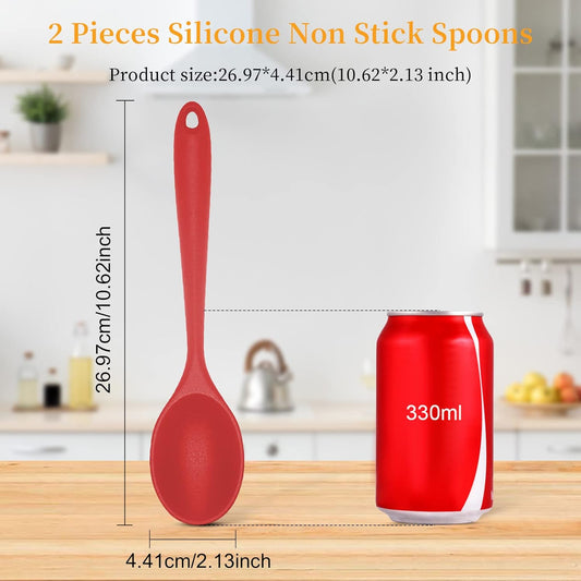 2 Pcs Silicone Nonstick Mixing Spoon, Silicone Spoons for Cooking Heat Resistant, Cooking Utensil for Kitchen Cooking Baking Stirring Serving (Red,Black)